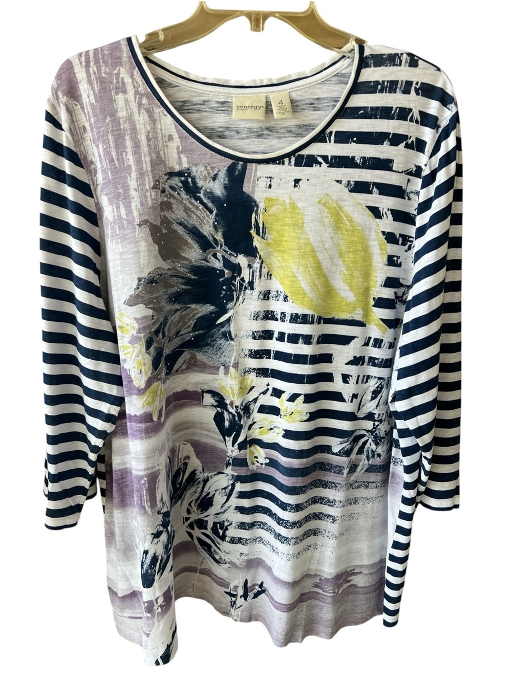 Chico’s Zenergy XXL Cotton Striped Nautical Blouse with Floral Detail Rhinestone